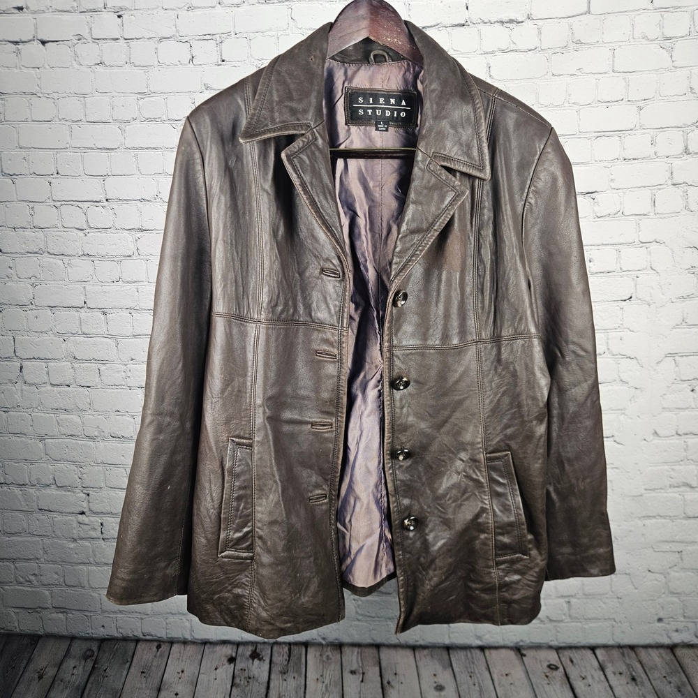 Siena Studio Brown Leather Jacket Womens Large Vintage Button Front‎ Car Coat L